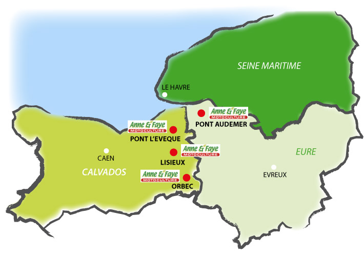Les 4 magasins Anne & Faye Motoculture en Normandie  - Lisieux - Pont-l'Evêque - Orbec - Pont-Audemer